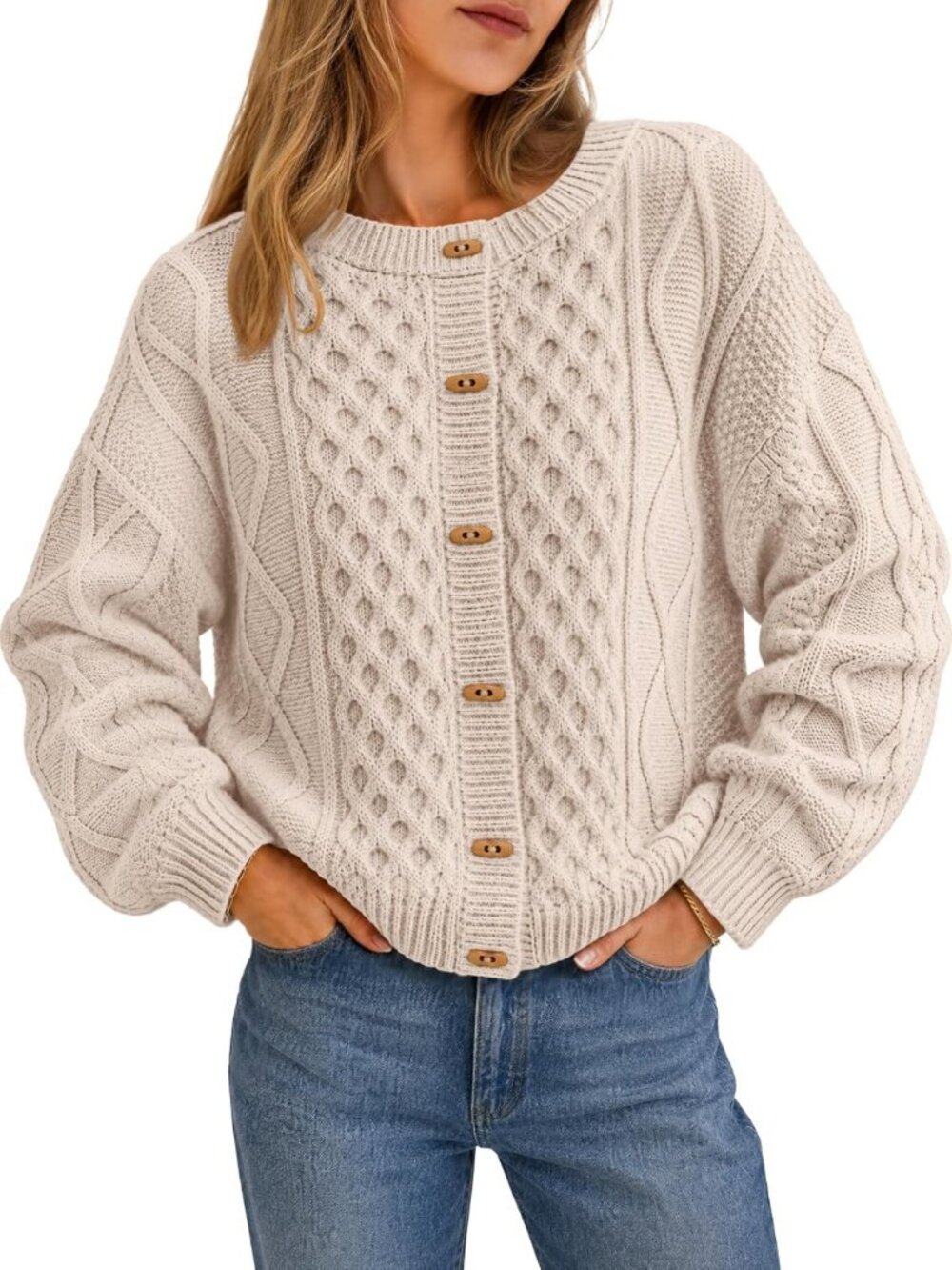 Trendy Women's Chunky Cable Knit Cardigan Sweater with Button Up Design